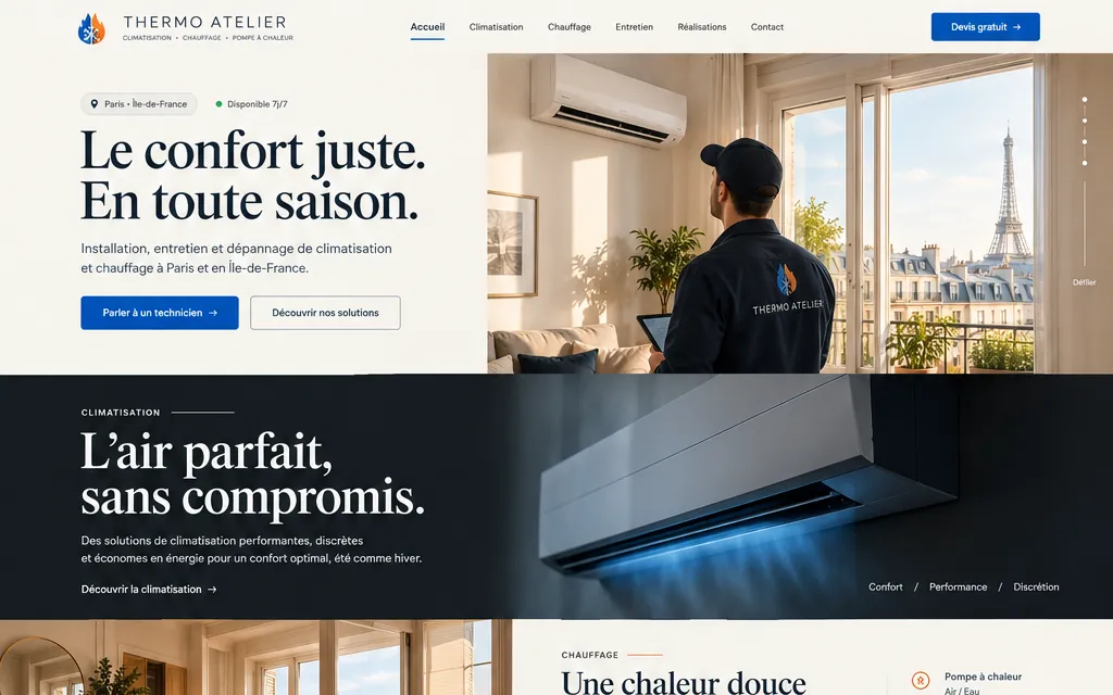 Site Thermo Atelier créé par MMK VISIO : haut de la page d’accueil