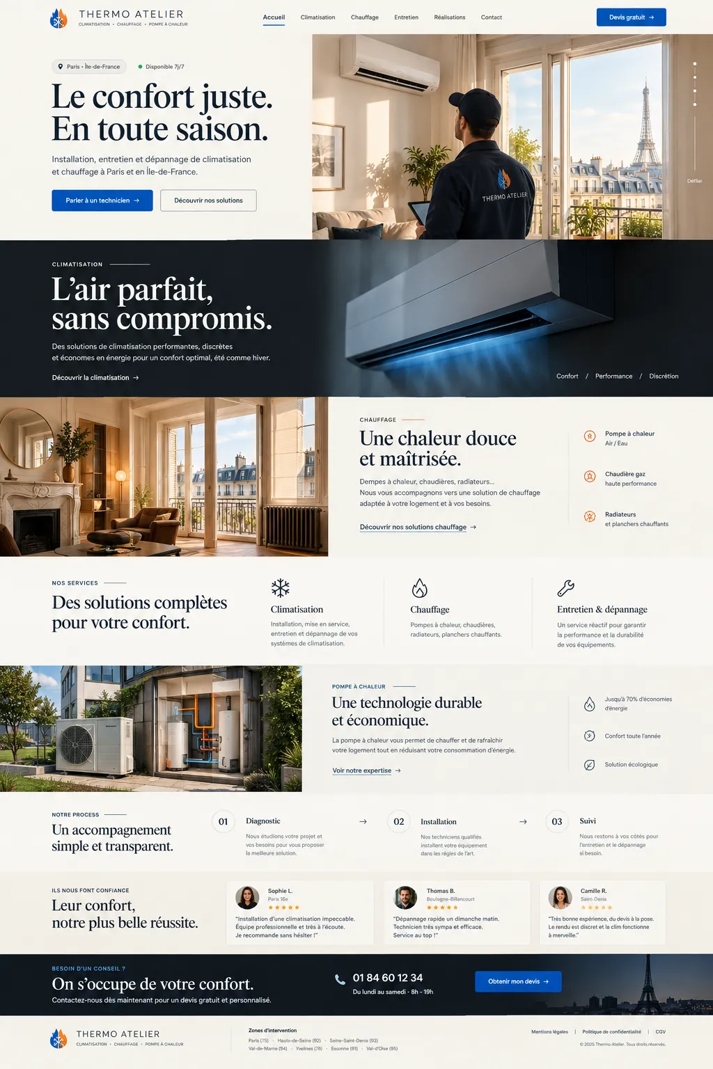 Site Thermo Atelier : la page d’accueil en entier, qui défile dans l’écran